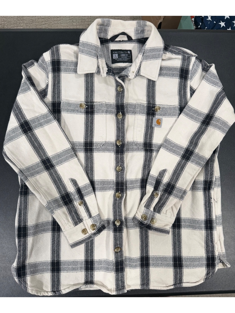 Carhartt Women's Loose Fit Black and White Plaid Flannel Shirt Large 12-14